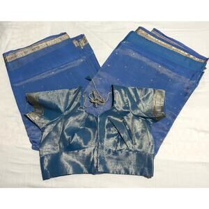 Women's Indian Shiny Blue Sari / Saree W/ Blouse ~L (~38 PIT)